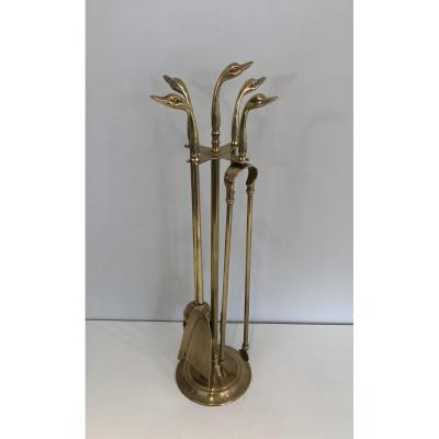 In The Style Of Maison Jansen. Brass Ducks Fire Place Tools On Stand. French. Circa 1960