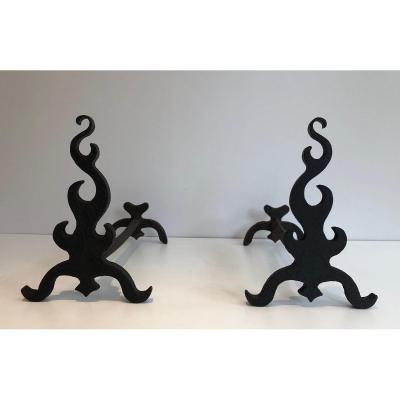 Pair Of Cast Iron Andirons. French. Circa 1940