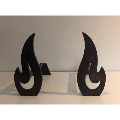 Pair Of Modernist Steel And Wrought Iron Flame Andirons. French. Circa 1970