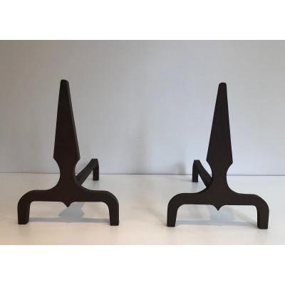 Pair Of Pyramid Steel And Wrought Iron Andirons. French. Circa 1940