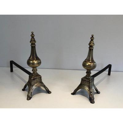 In The Taste Of Gilbert Poillerat. Important Pair Of Andirons In Wrought And Gilded Iron. Work Fr