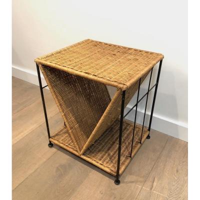 Rattan And Black Lacquered Metal Side Table. French. Circa 1970