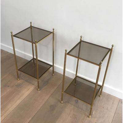 Maison Jansen. Pair Of Neoclassical Style Brass Side Tables With Smoked Glass Tops. French