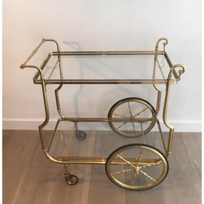 Maison Jansen. Rare Neoclassical Style Brass Drinks Trolley With Glass Trays. French. C 1940