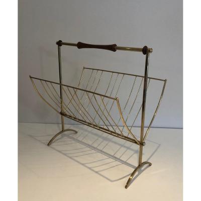 In The Style Of Cesare Lacca. Brass And Wood Magazine Rack