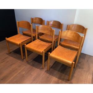 Set Of 6 Stackable Pine Chairs. German Work By Karl Klipper. Circa 1970