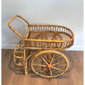 Rattan Drinks Trolley. French Work Attributed To Audoux Minet. Circa 1970