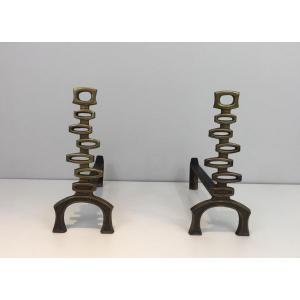 Modernist Brass Fireplace Tools On Stand. Italian. Circa 1970