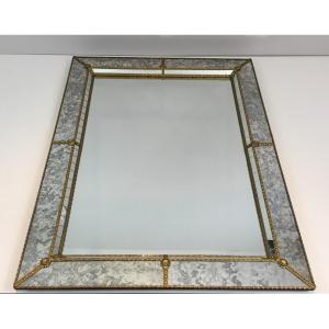 Multi-facets Mirror With Brass Garlands. French. Circa 1970