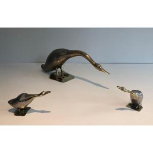 Set Of Silvered And Brass Duck And Her Ducklings. French. Circa 1970