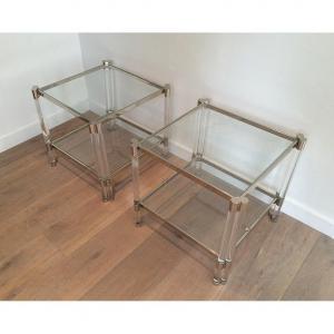 Large Pair Of Lucite And Chrome Side Tables. French. Circa 1970