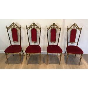 Set Of 4 Neoclassical Style Brass And Red Velvet Chairs. In The Style Of Maison Jansen