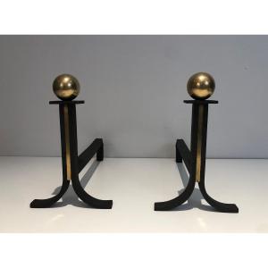 Pair Of Modernist Style, Iron And Brass Andirons. French Work,  In The Style Of Jacques Adnet