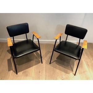 Pair Of Black Lacquered Metal And Black Faux-leather Armchairs With Wooden Arms, Circa 1950