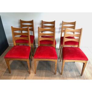 Set Of 6 Oak And Red Velvet Chairs. French. Circa 1940