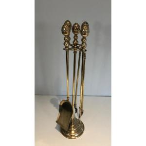 Brass Pineapple Fireplace Tools. French Work In The Style Of Maison Baguès. Circa 1970