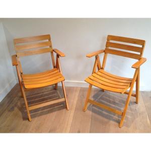 Pair Of Varnished Wood Folding Armchairs. French Work Signed Clairitex. Circa 1970