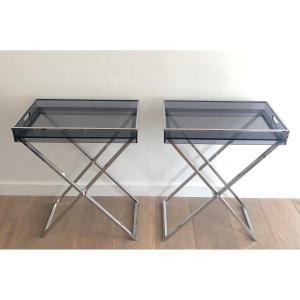 Pair Of Side Tables Made Of Folding Chrome Bases With Blueish Lucite Tops. French Work. 1970's