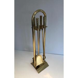 Brass Design Fireplace Tools. French Work. Circa 1970