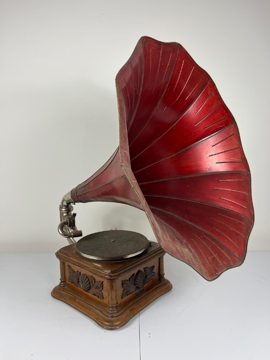 Early 20th Century Antique Gramophone With Red Tin Bell