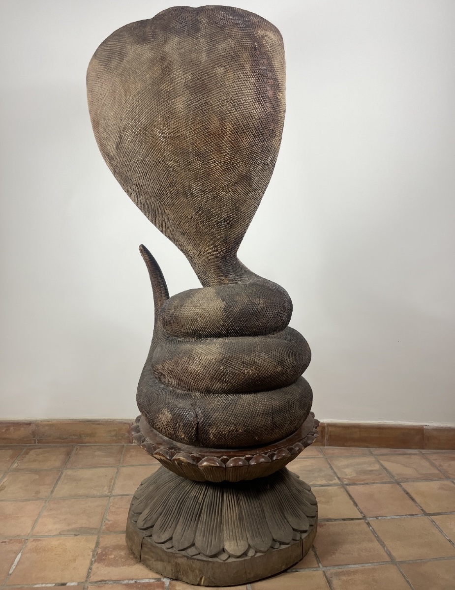 Large Naga Cobra Sculpture Carved From Solid Wood, Bali, Indonesia, 20th Century-photo-4