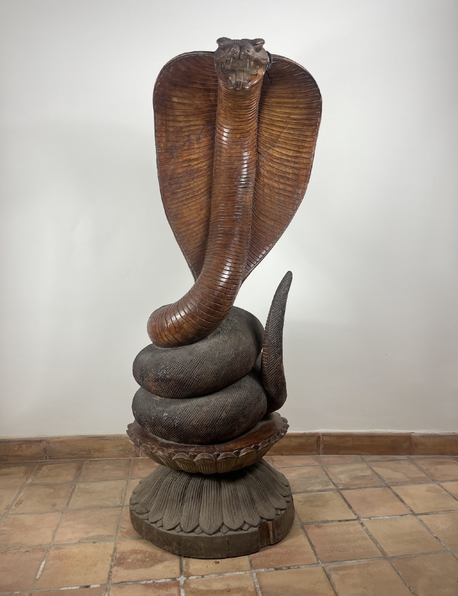 Large Naga Cobra Sculpture Carved From Solid Wood, Bali, Indonesia, 20th Century