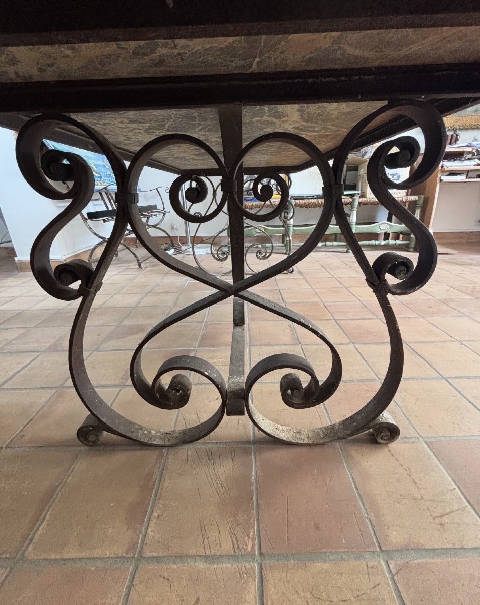 Large Wrought-iron Table With Green Marble Top-photo-3