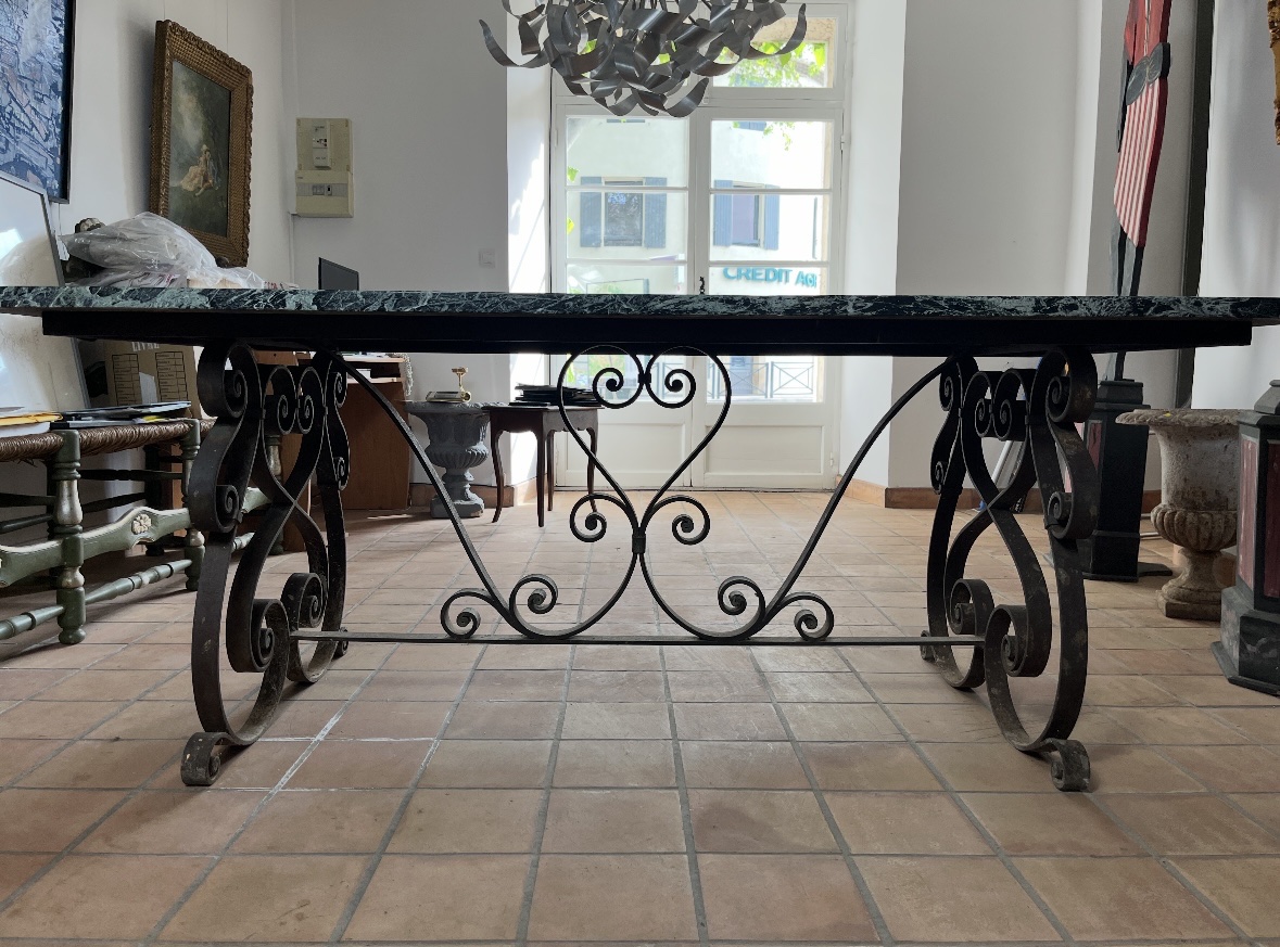 Large Wrought-iron Table With Green Marble Top-photo-4