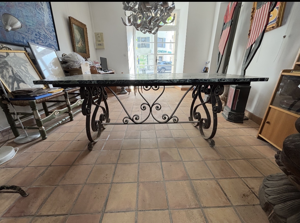 Large Wrought-iron Table With Green Marble Top-photo-1