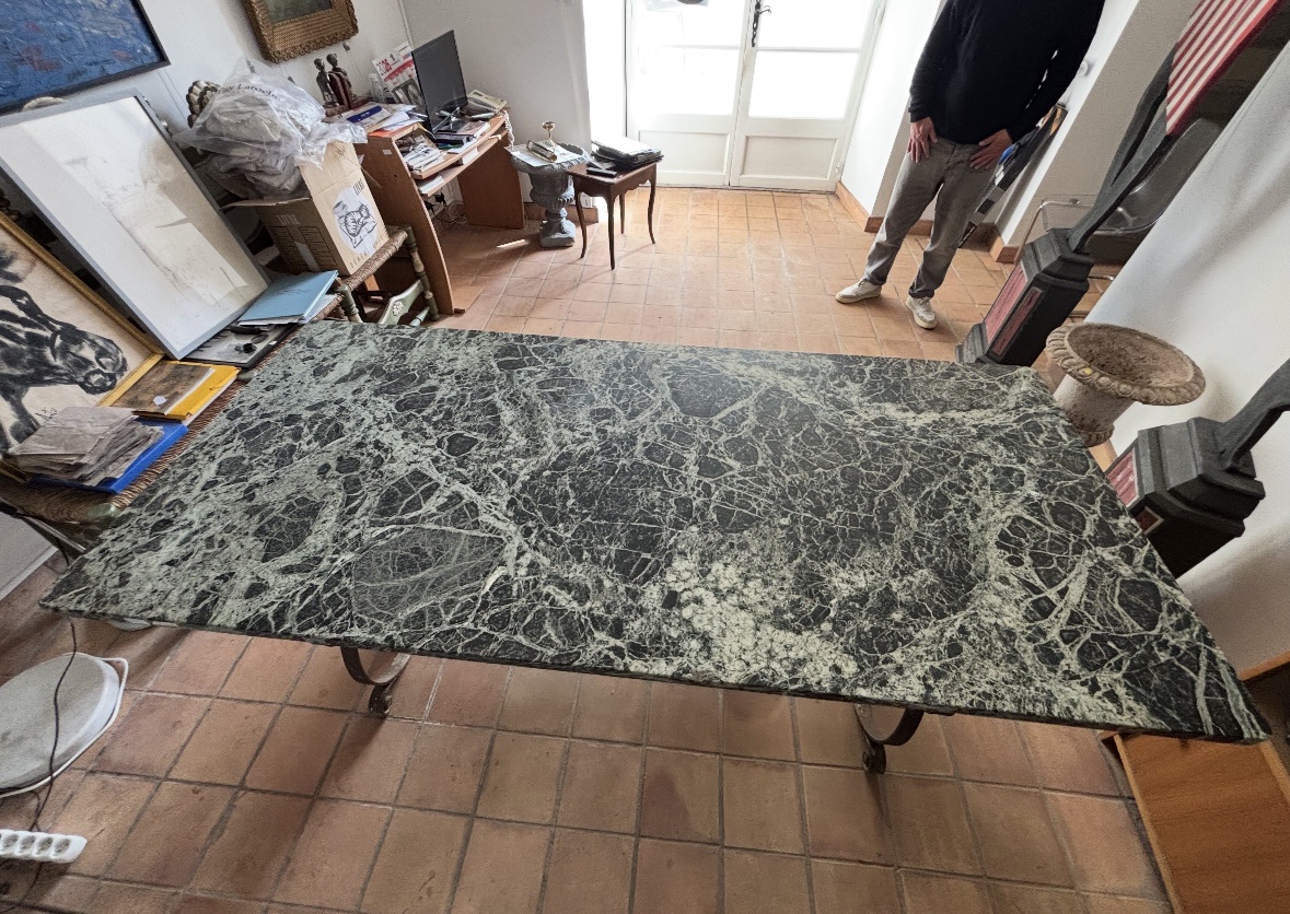 Large Wrought-iron Table With Green Marble Top