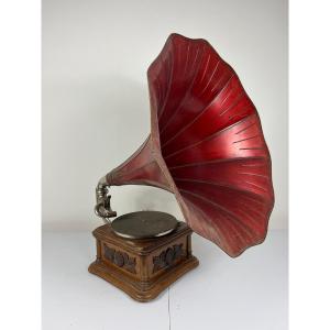 Early 20th Century Antique Gramophone With Red Tin Bell