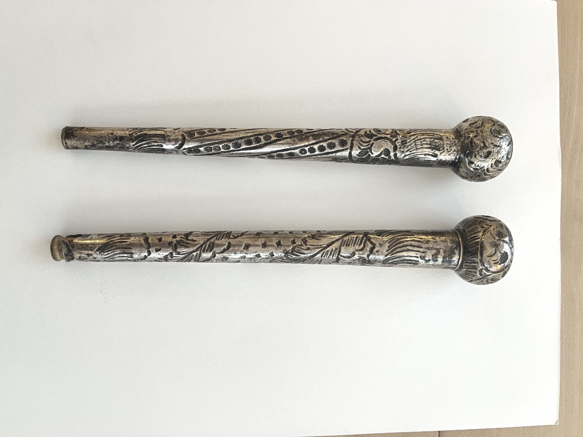 2 Pommeau De Canne Parasol En Argent Massif Chinois Vietnam