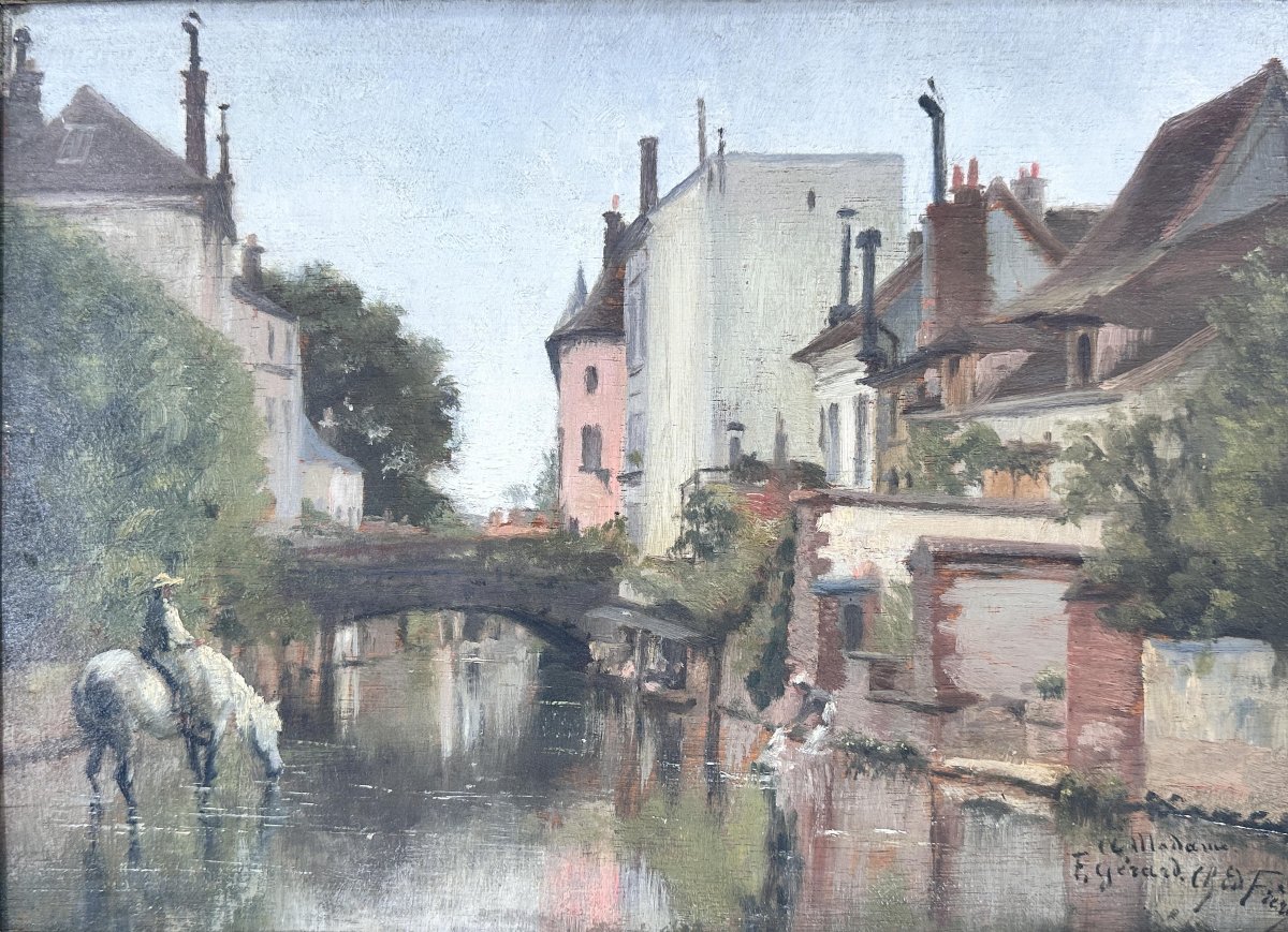 Charles Edouard FRERE (1837-1894)., Cavalière aux abords du pont de la vieille ville.-photo-2