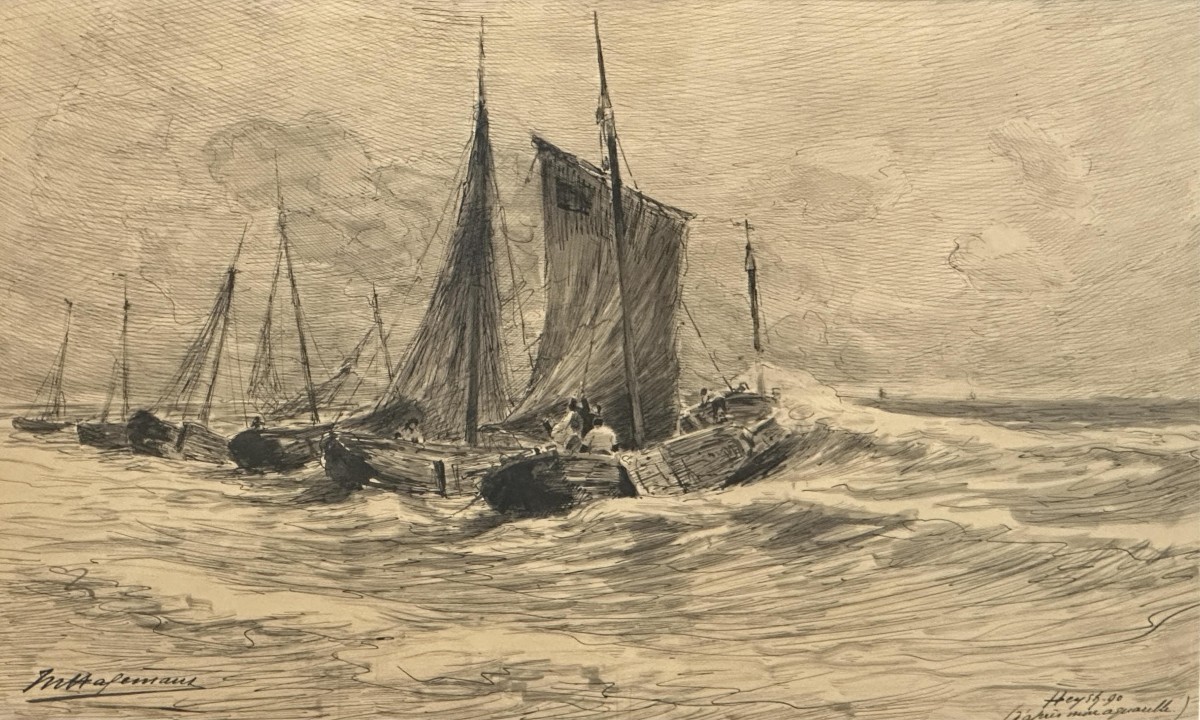 Maurice HAGEMANS (1852-1917)., Les voiliers à Knokke. 1890