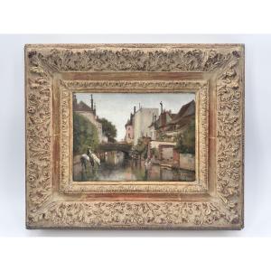 Charles Edouard FRERE (1837-1894)., Cavalière aux abords du pont de la vieille ville.