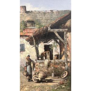 Signature inconnu, Paysanne au puit. 1883