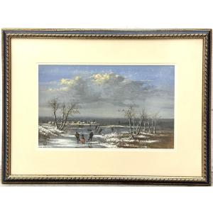 Louis SCHEPENS (1816-1884)., Les patineurs sur le lac gelé. 1866.,