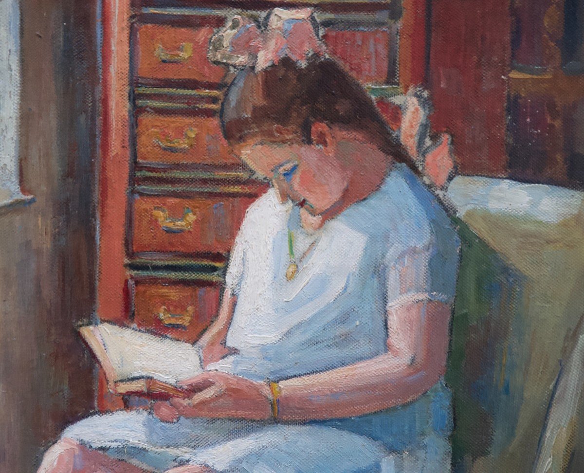 Jeune Fille à Sa Lecture Huile Sur Toile Signée Godo Paquet Datée 1924-photo-2