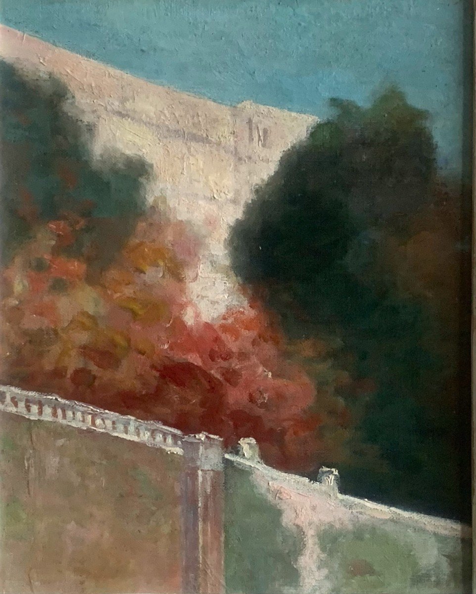 Paysage Du Sud Sous Un Ciel Lumineux Huile Sur Toile Ecole Française Début XXème -photo-2