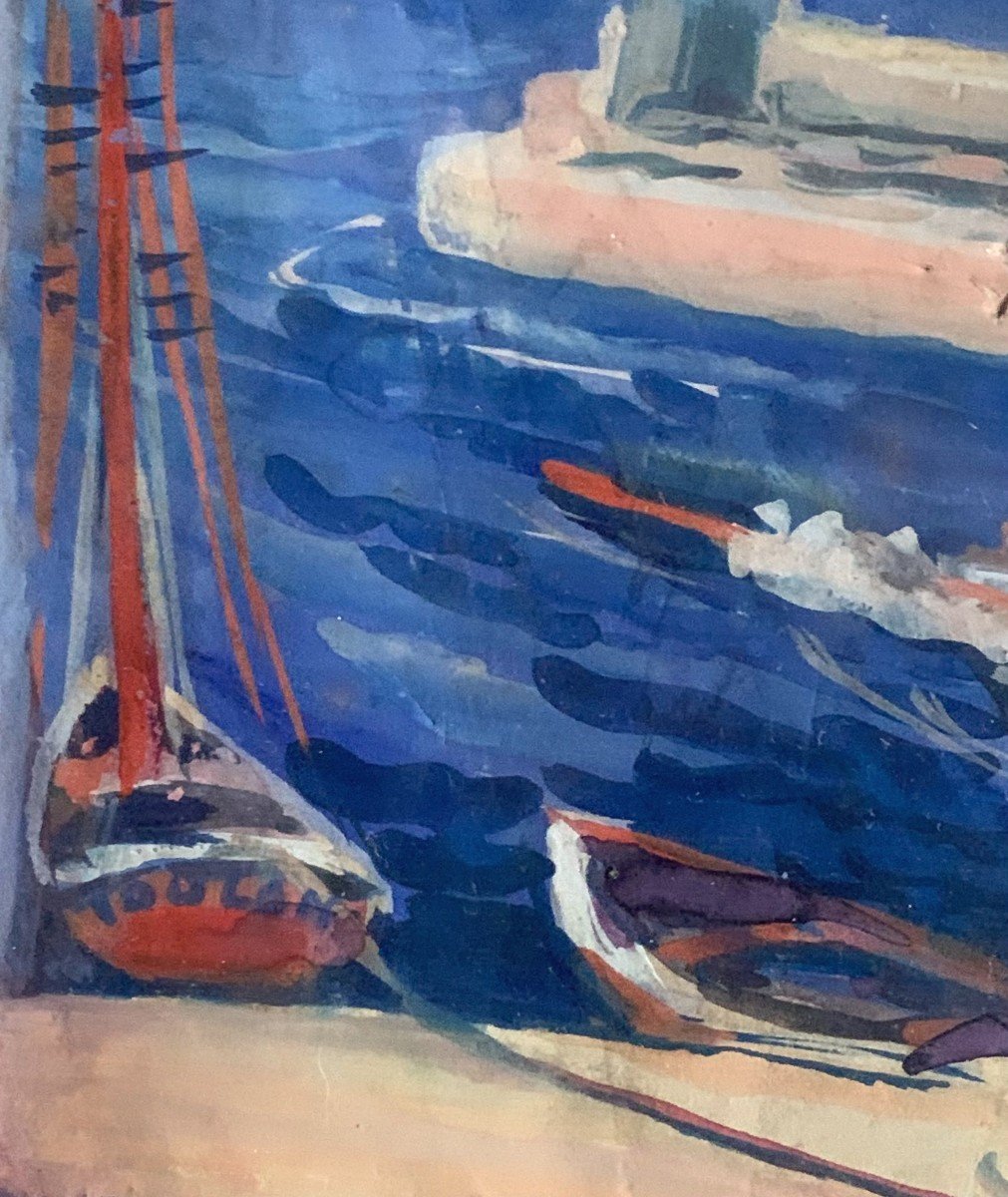 Toulon: Sailboats In Port Gouache Signed Norah Bluhm And Located Toulon-photo-2