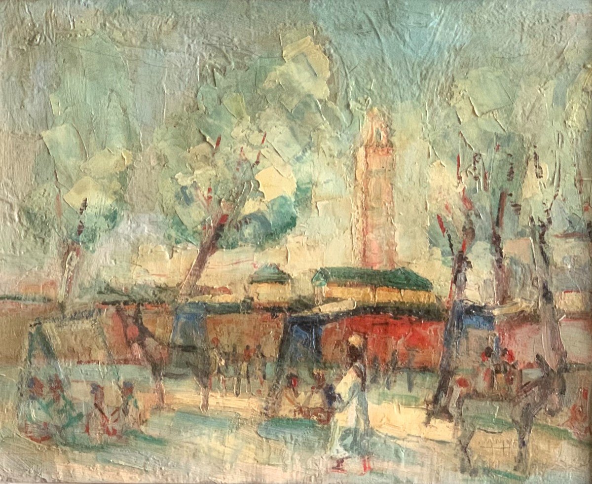 Orientalist Scene Village Square North Africa Oil On Canvas Circa '40-photo-2