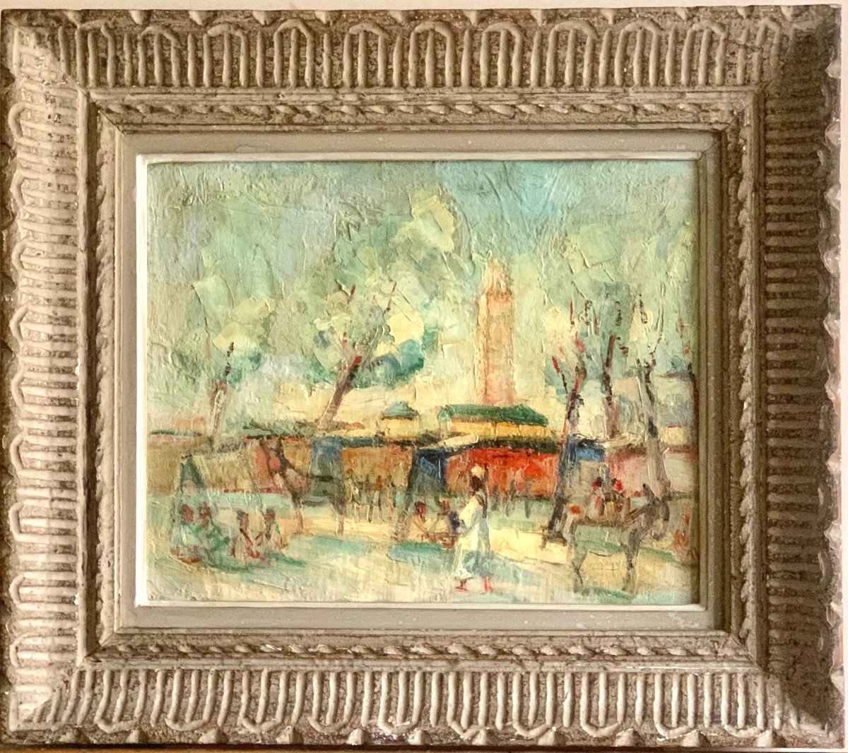Orientalist Scene Village Square North Africa Oil On Canvas Circa '40