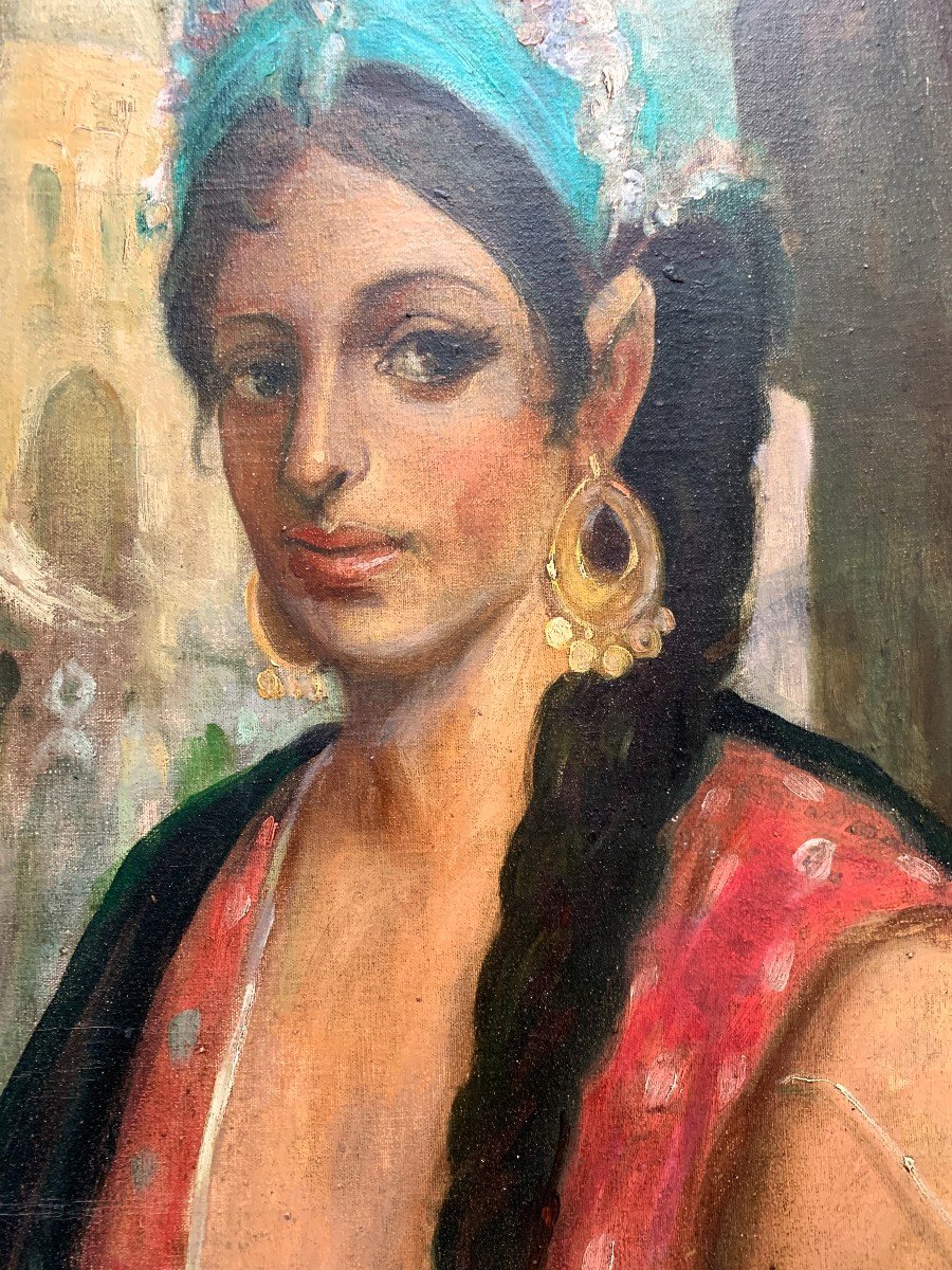 Orientalist Portrait Of A Young Woman From North Africa Oil On Canvas Circa '40-photo-2