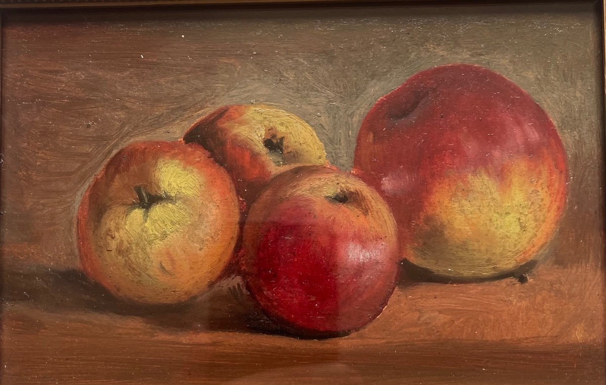 Apples Oil On Cardboard Late 19th Century Under Glass-photo-2