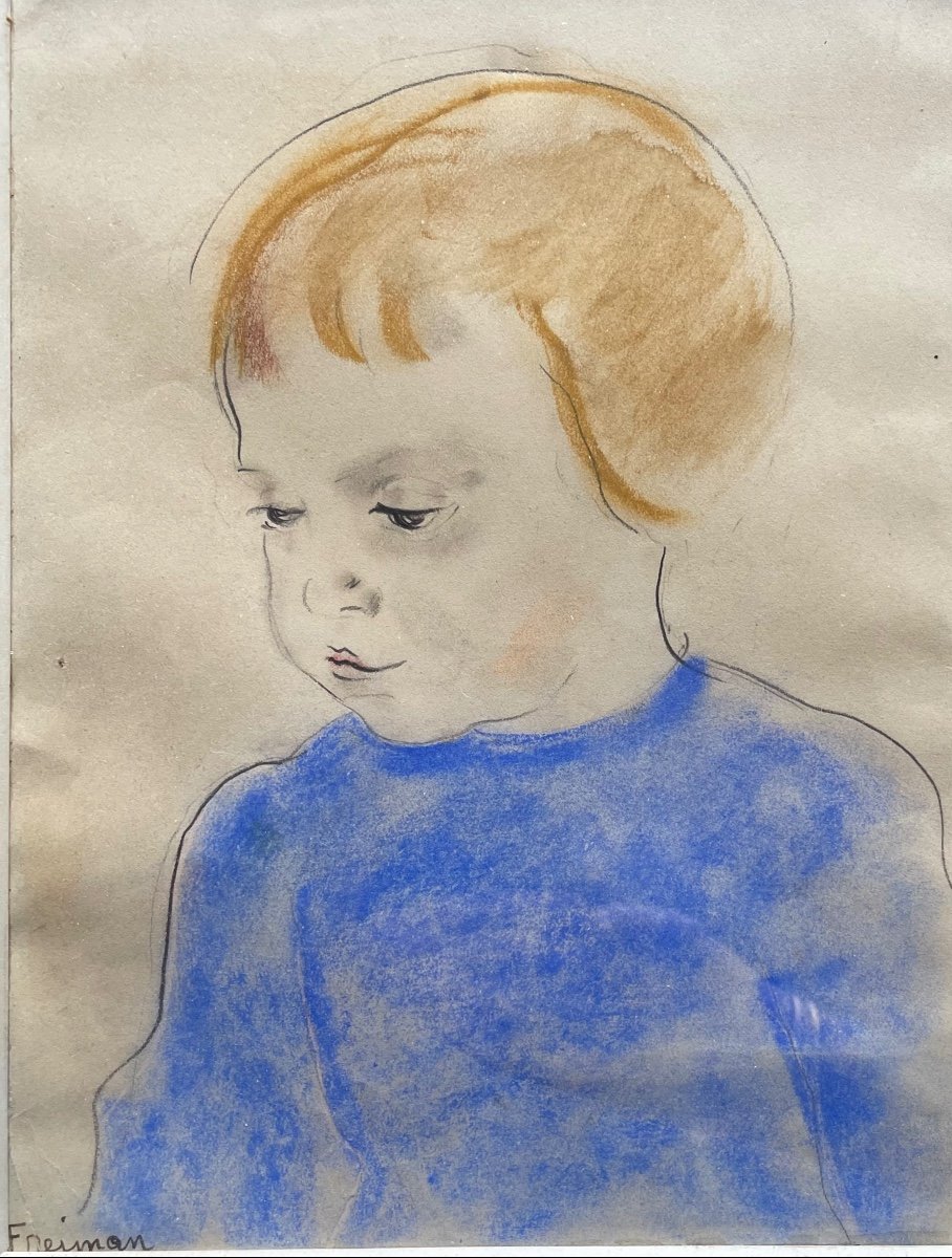 Portrait D` Enfant Par Robert Freiman Pastel Sur Papier-photo-2