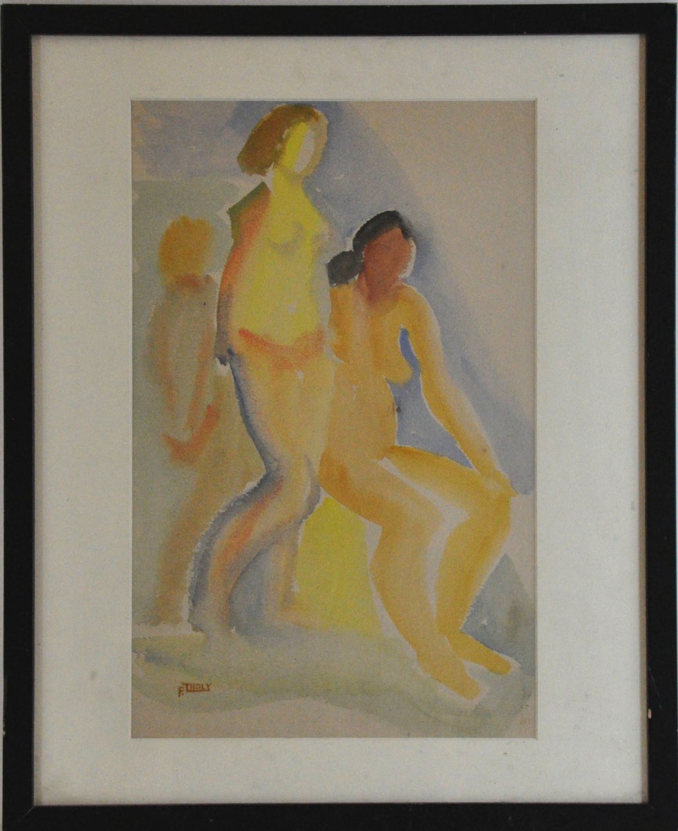 Three Women Watercolor Signed Ferdinand Tholy XXth Century