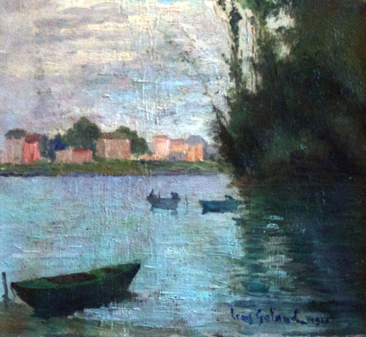 The Seine Riverside  Oil On Canvas Signed Léon Laurent Galand Twentieth Century-photo-2