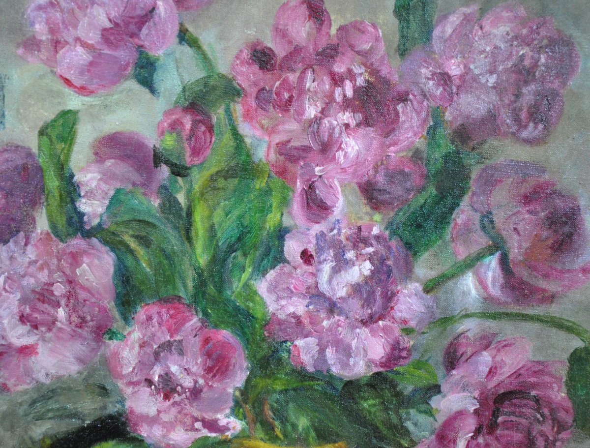 Bouquet Of Pink Peonies, Oil On Canvas Signed Luce, 20th Century-photo-3