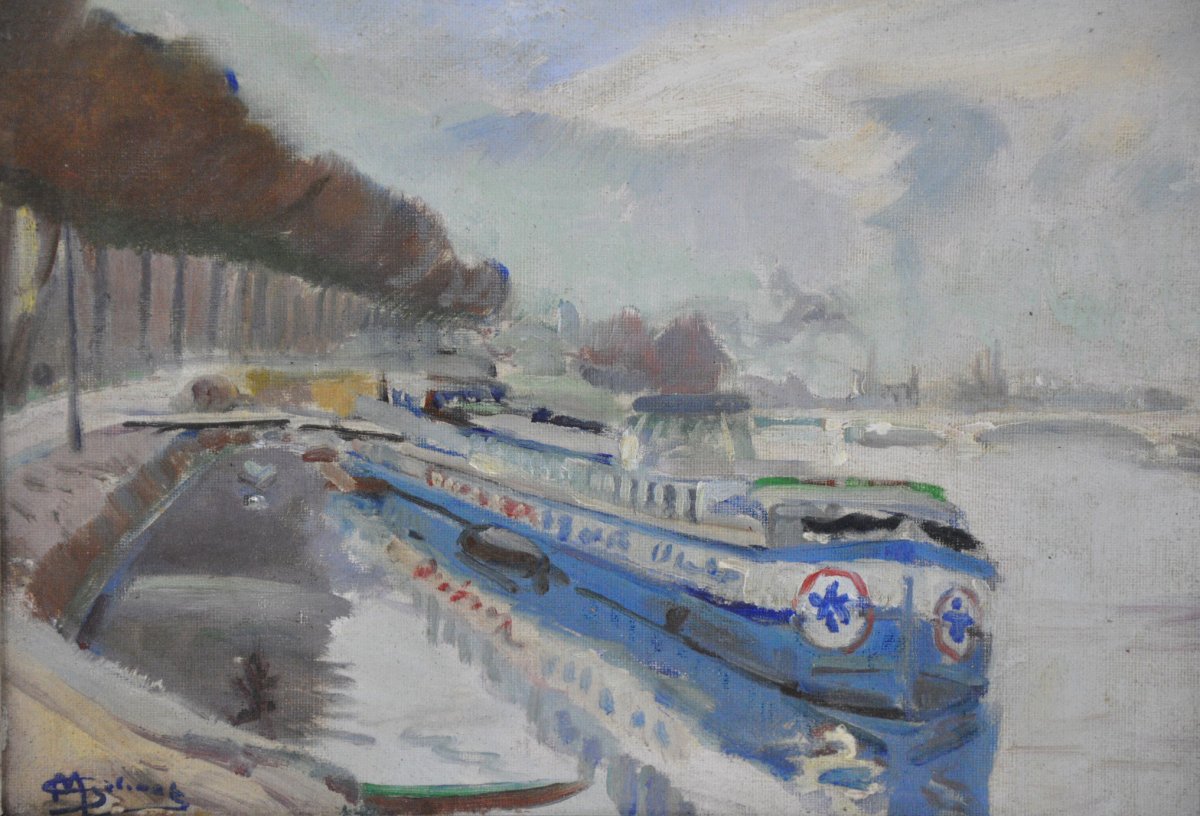 Barges At The Quay Oil On Canvas Signed Marcel Gelinet 20th Century-photo-2