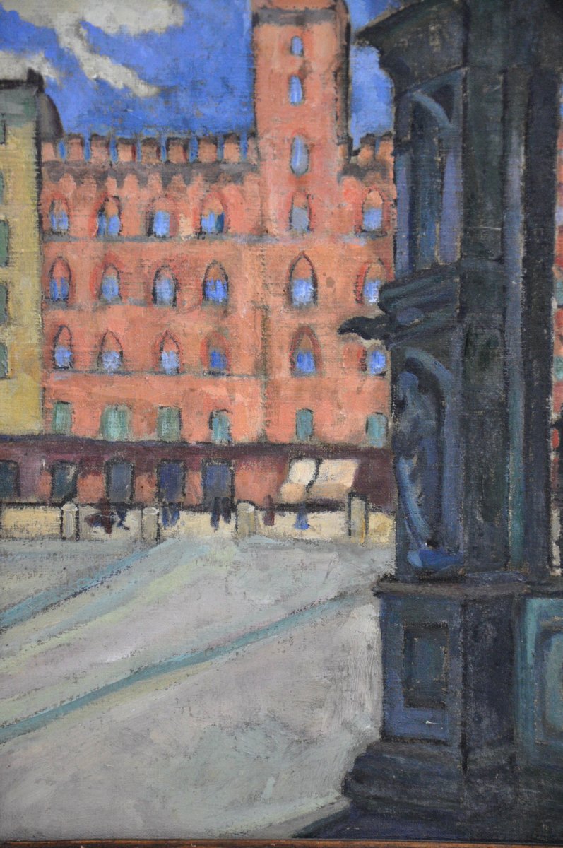 Siena, Piazza Del Campo Oil On Canvas Signed Charly Rochat 20th Century-photo-1